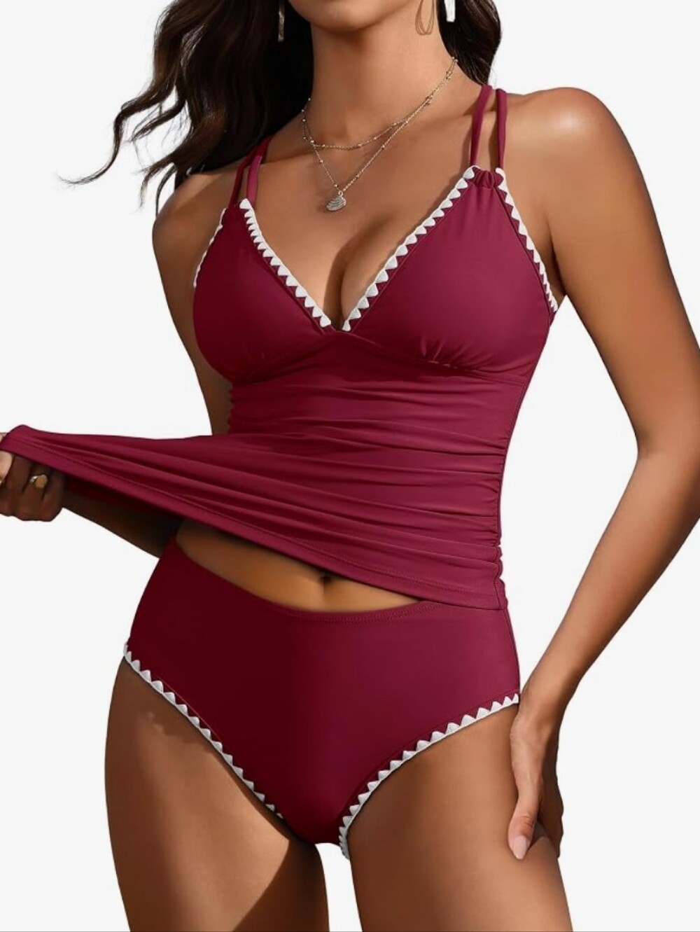 Women’s Dark Red Tankini Swim Set with Contrast Trim